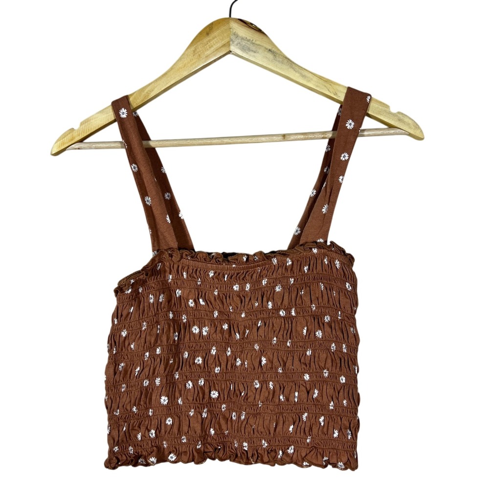 American Eagle Smocked Daisy Floral Crop Top Brown Cottagecore Lettuce Trim Sz S